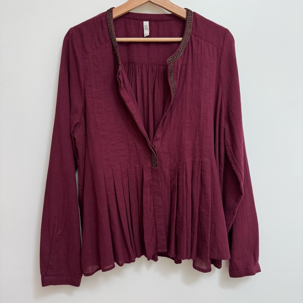 Free People Beaded Button Front Pleated Top 100% Cotton Medium - Picture 2 of 13